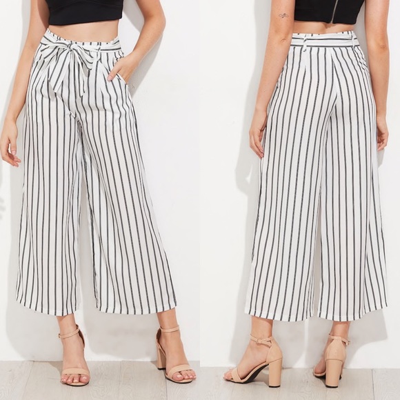 Striped wide leg pants white black tie belt - Picture 3 of 4